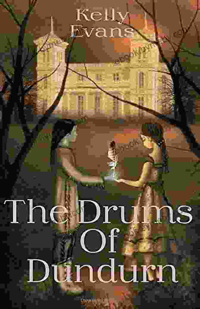 The Drums Of Dundurn Book Cover, Featuring A Woman In A Red Dress Standing In Front Of A Historic Building The Drums Of Dundurn Kelly Evans